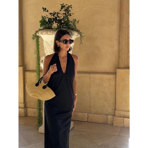 Commense Elegant Old Money Halter Backless Satin Long Dress Black Minimalist M - Picture 8 of 8